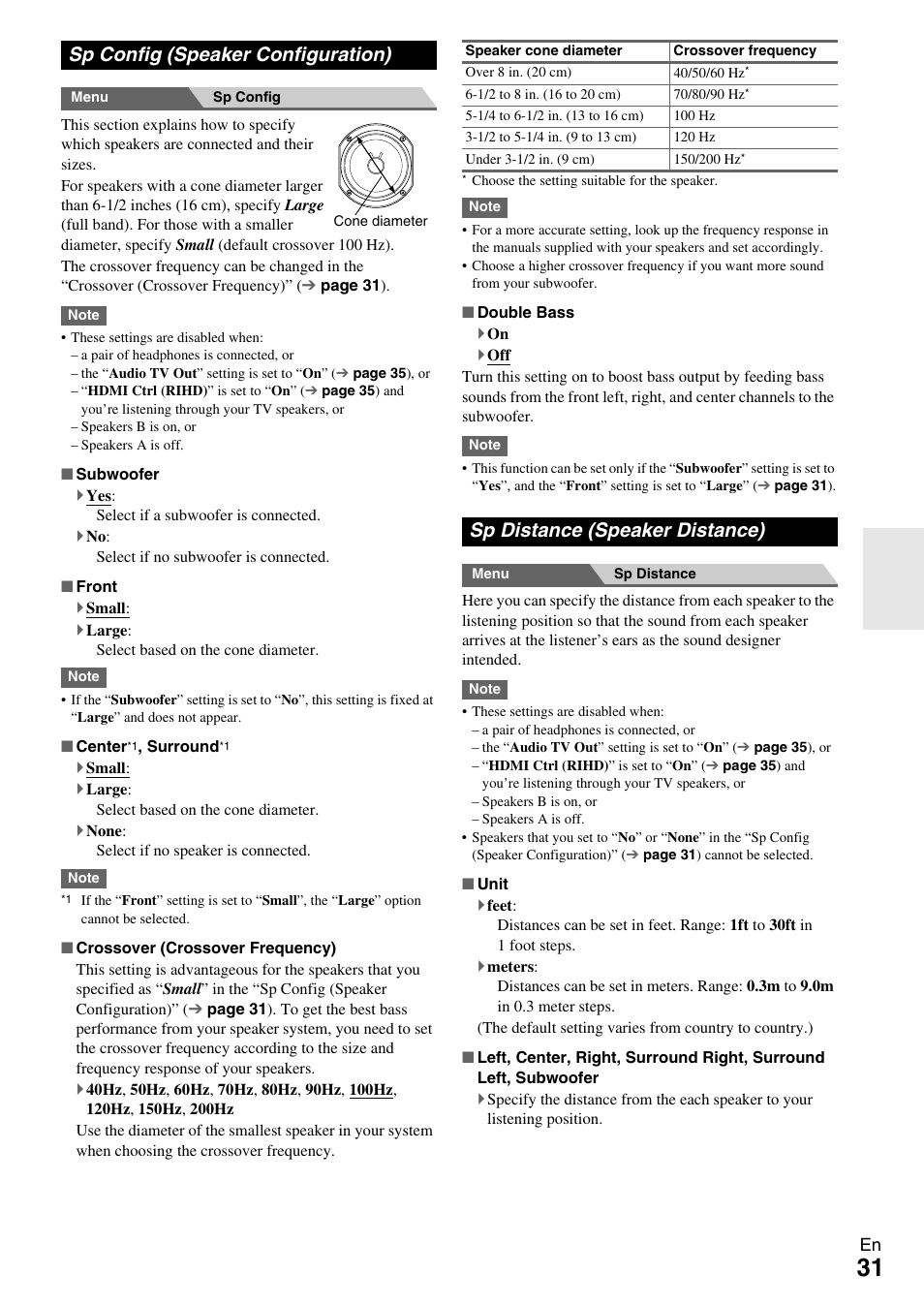 Sp config (speaker configuration), Sp distance (speaker distance), Sp config (speaker configuration)” f | Onkyo AV RECEIVER HT-RC330 User Manual | Page 31 / 56