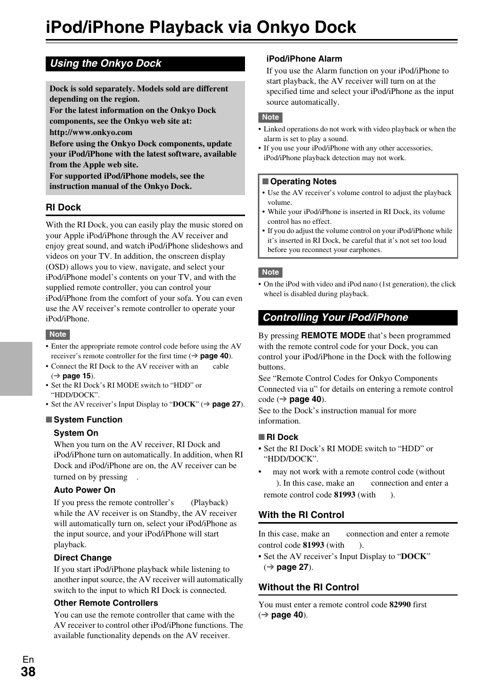 Controlling other components, Ipod/iphone playback via onkyo dock, Using the onkyo dock | Controlling your ipod/iphone, Using the onkyo dock controlling your ipod/iphone | Onkyo AV RECEIVER HT-RC330 User Manual | Page 38 / 56