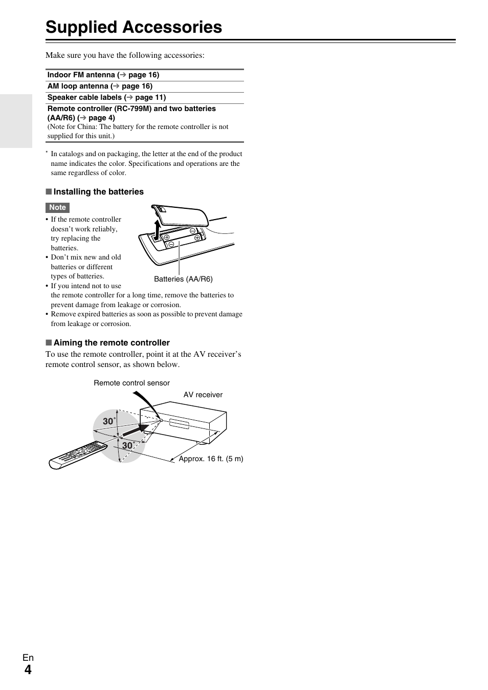 Supplied accessories | Onkyo AV RECEIVER HT-RC330 User Manual | Page 4 / 56