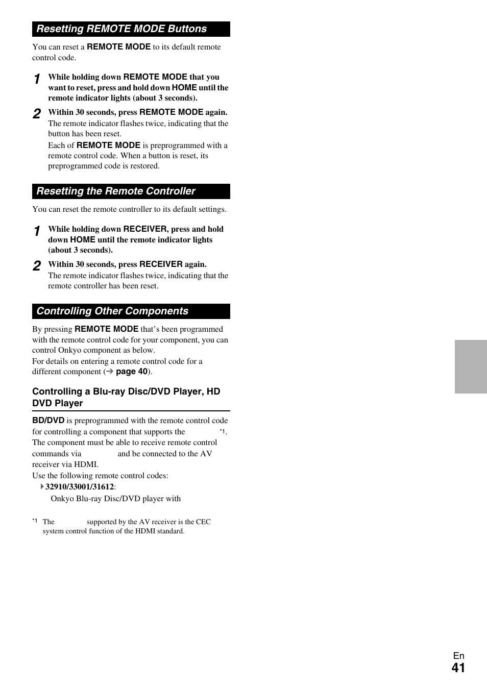 Resetting remote mode buttons, Resetting the remote controller, Controlling other components | Onkyo AV RECEIVER HT-RC330 User Manual | Page 41 / 56
