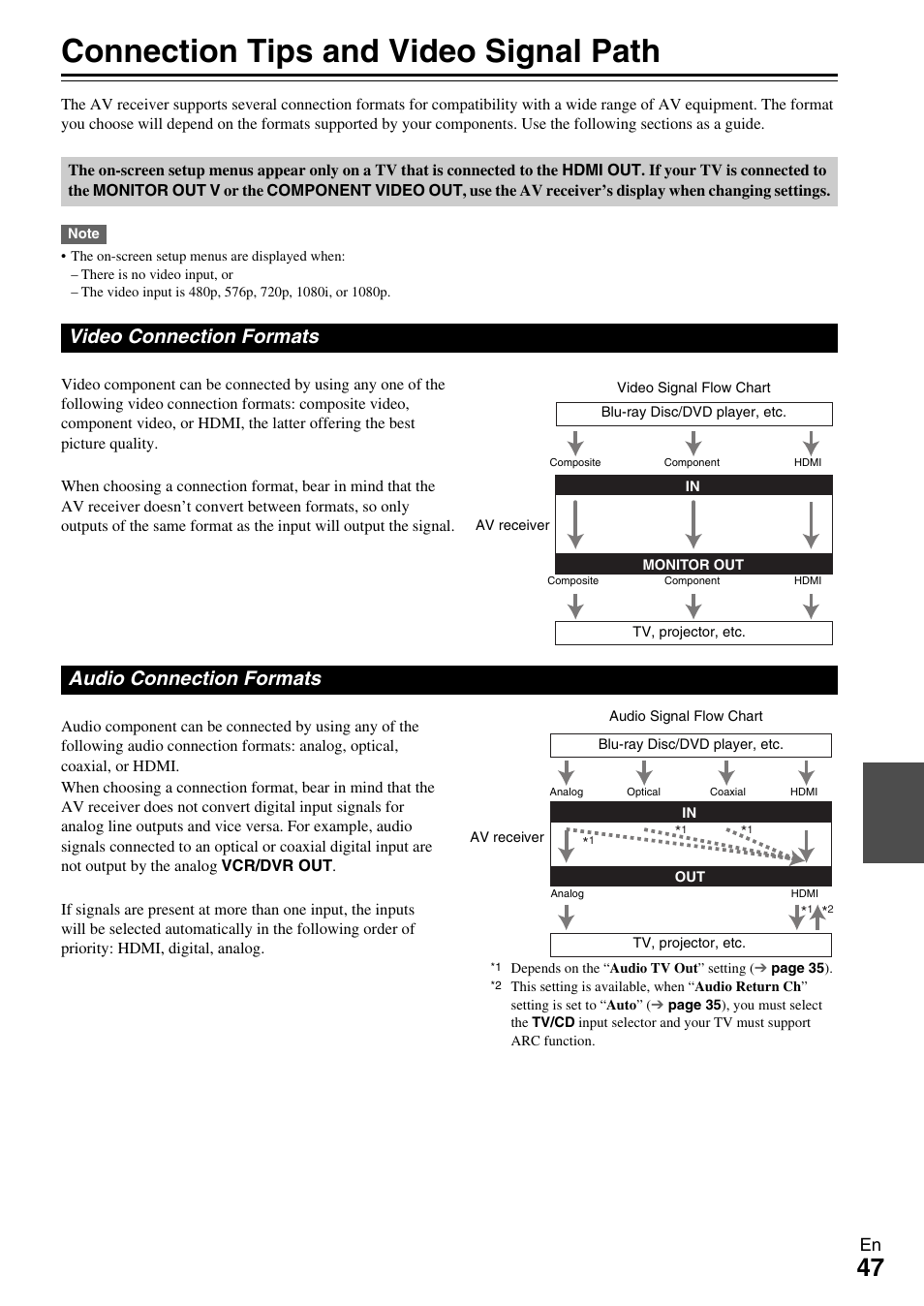 Connection tips and video signal path, Video connection formats audio connection formats | Onkyo AV RECEIVER HT-RC330 User Manual | Page 47 / 56