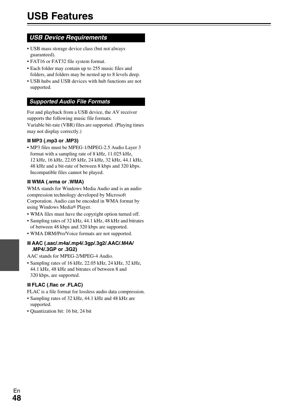 Usb features | Onkyo AV RECEIVER HT-RC330 User Manual | Page 48 / 56