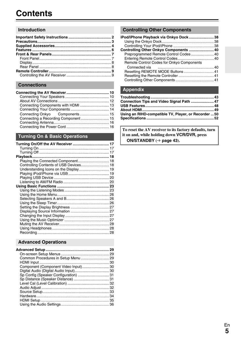 Onkyo AV RECEIVER HT-RC330 User Manual | Page 5 / 56