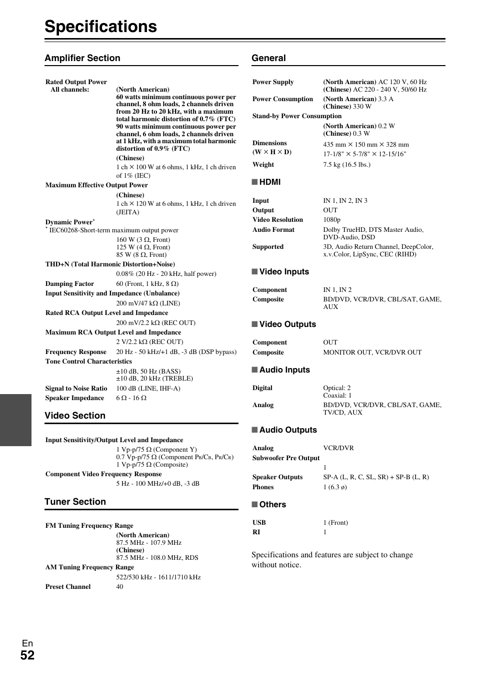 Specifications | Onkyo AV RECEIVER HT-RC330 User Manual | Page 52 / 56
