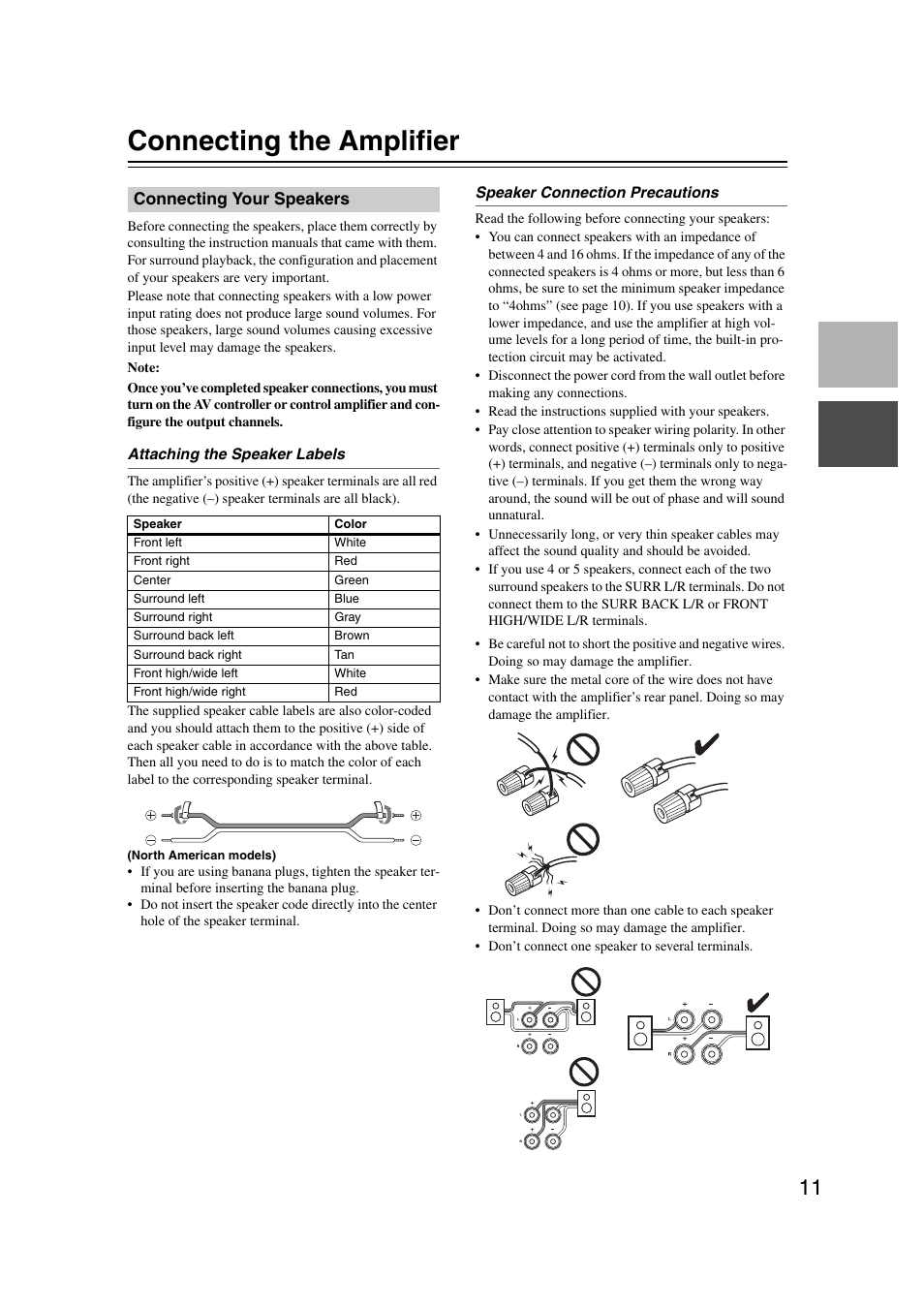 Connecting the amplifier, Connecting your speakers, Connections | Onkyo PA-MC5500 User Manual | Page 11 / 20