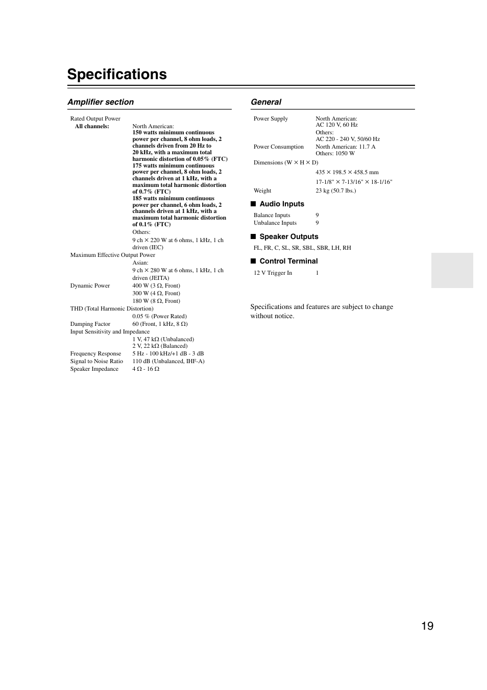 Specifications | Onkyo PA-MC5500 User Manual | Page 19 / 20