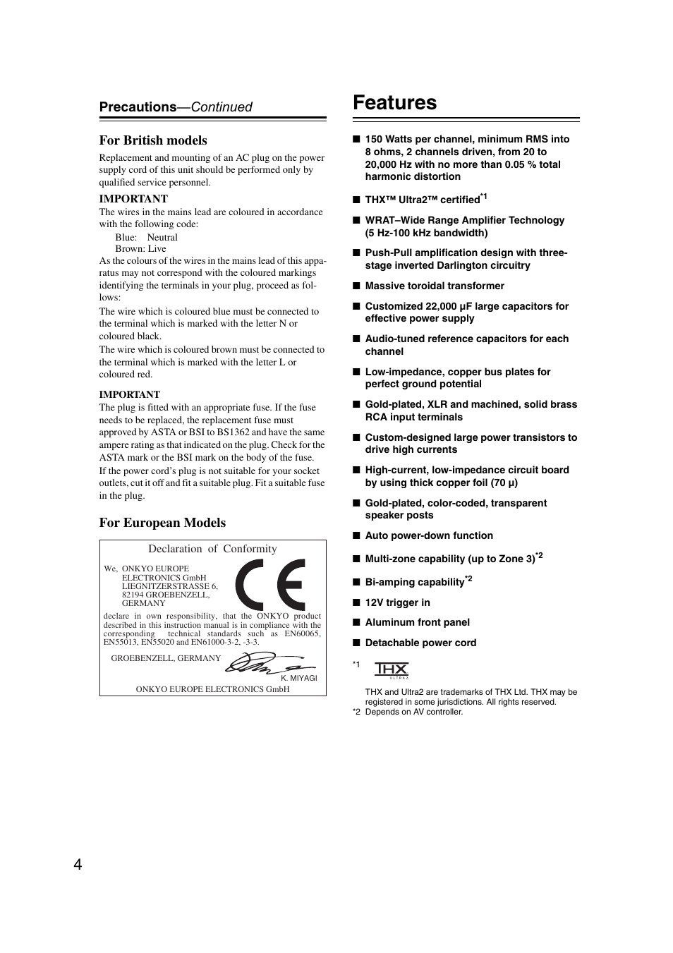 Features, Precautions —continued for british models, For european models | Onkyo PA-MC5500 User Manual | Page 4 / 20
