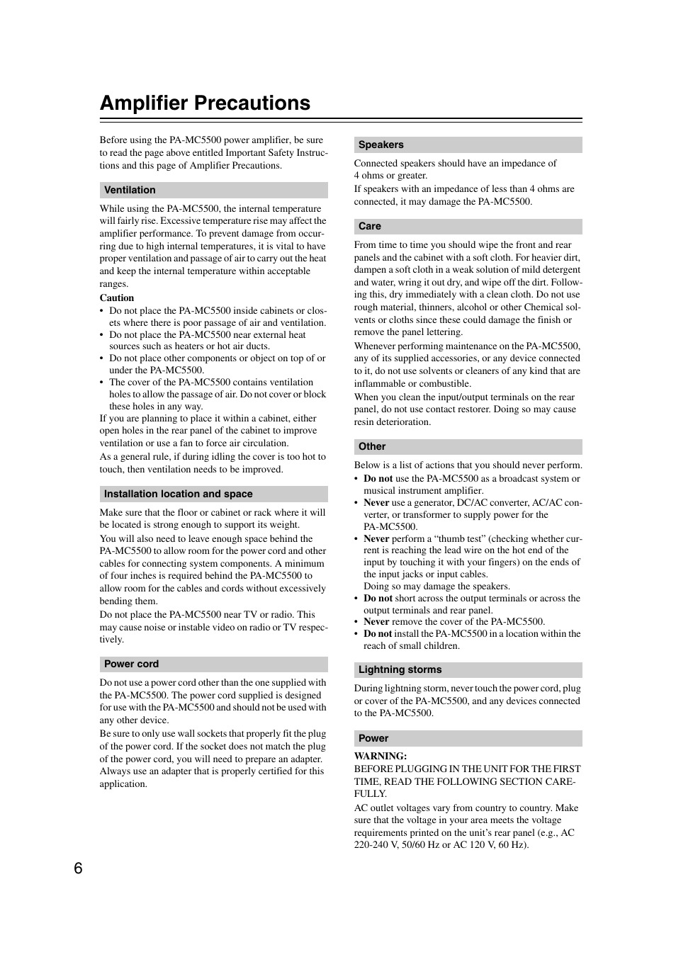 Amplifier precautions | Onkyo PA-MC5500 User Manual | Page 6 / 20