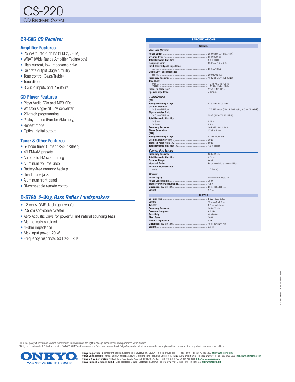 Cs-220, Cr-505 cd receiver, D-s7gx 2-way, bass reflex loudspeakers | Cd r, Amplifier features, Cd player features, Tuner & other features | Onkyo CS-220 User Manual | Page 2 / 2
