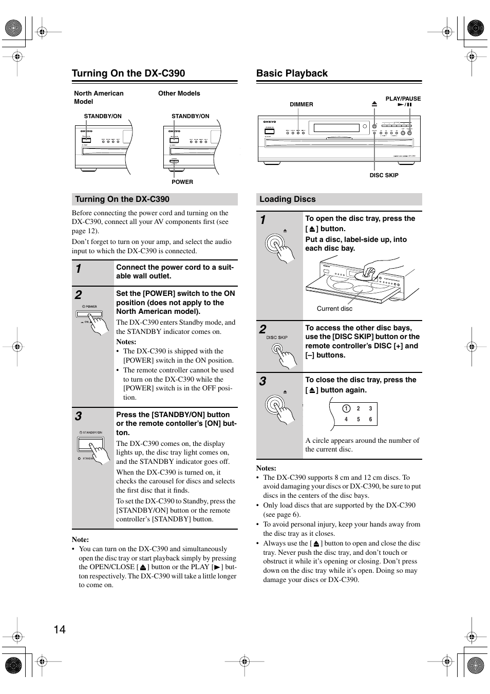 Turning on the dx-c390, Basic playback | Onkyo DX-C390 User Manual | Page 14 / 28