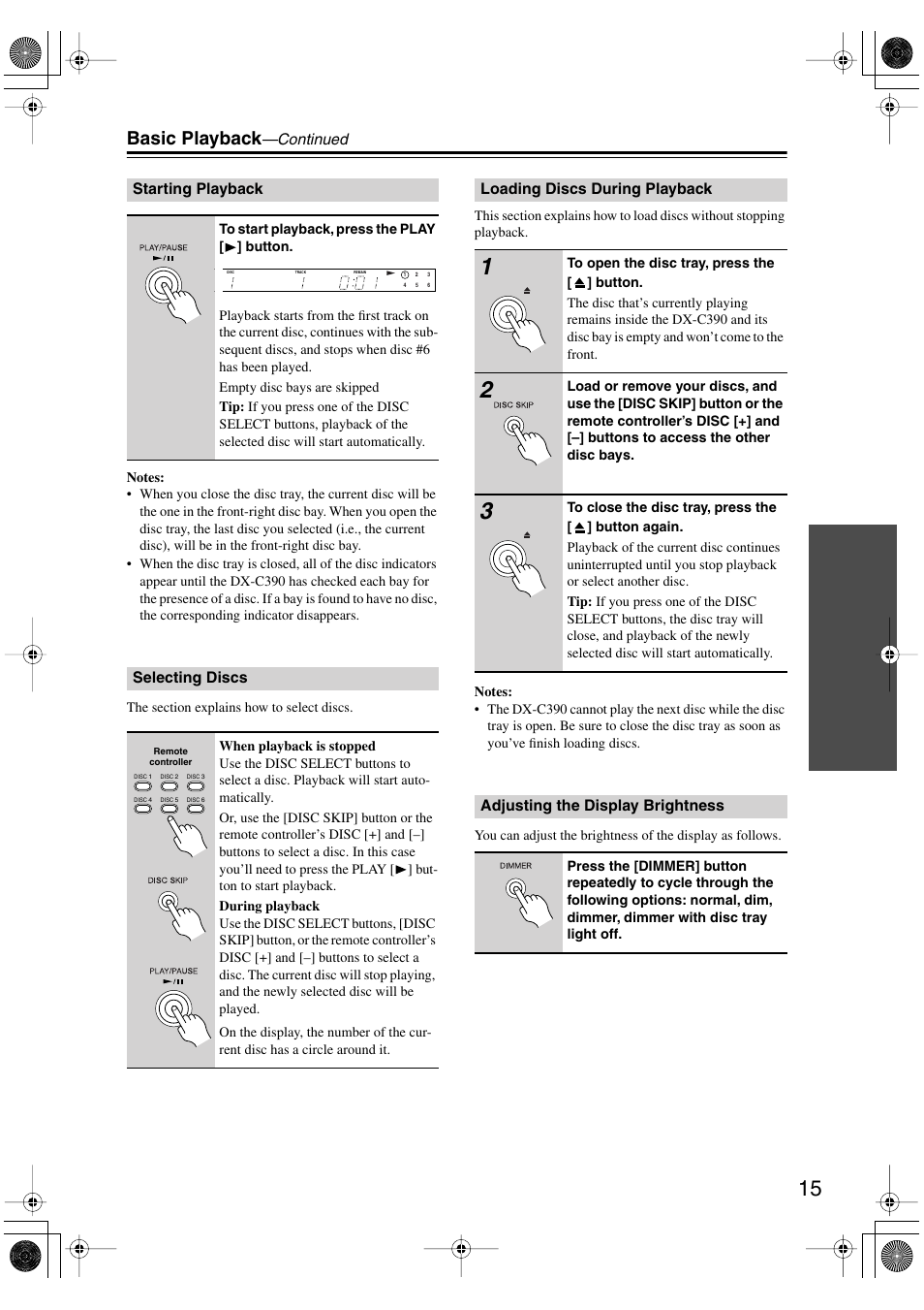 Basic playback | Onkyo DX-C390 User Manual | Page 15 / 28