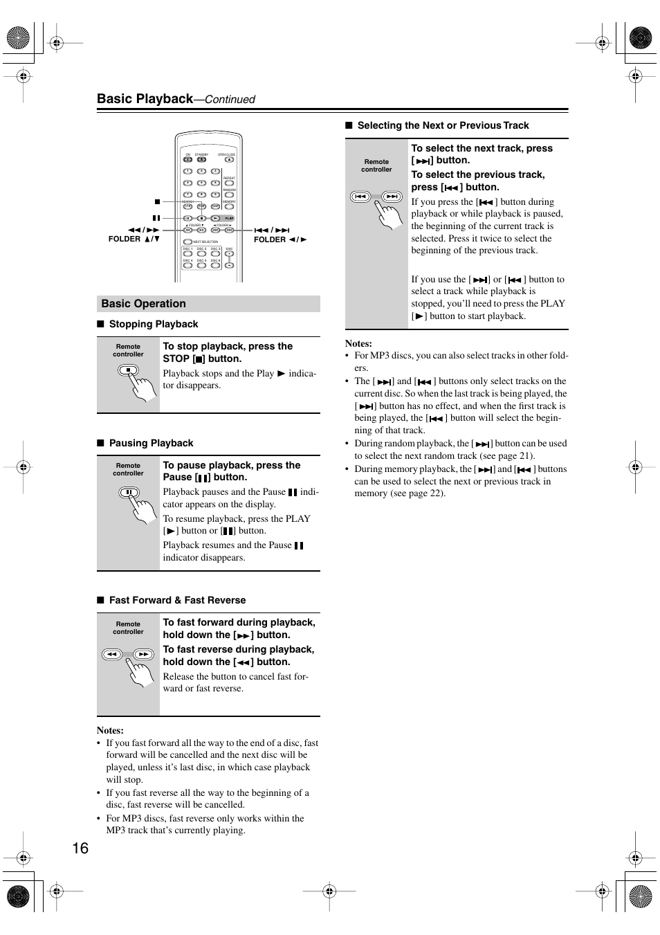 Basic playback, Continued, Basic operation | Onkyo DX-C390 User Manual | Page 16 / 28