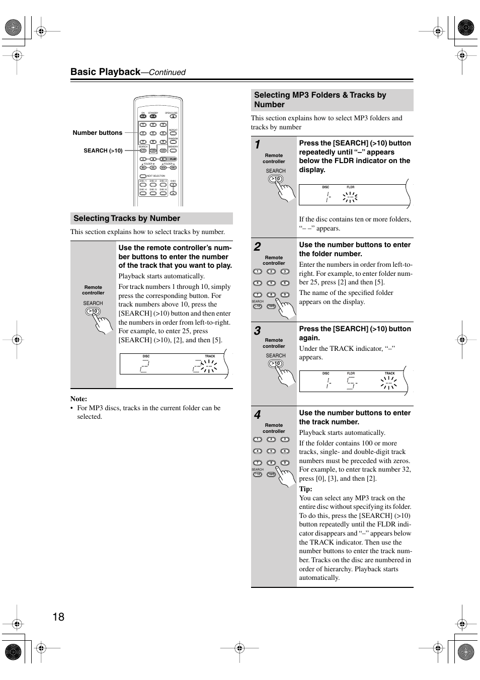 Basic playback, Continued, Selecting tracks by number | Selecting mp3 folders & tracks by number | Onkyo DX-C390 User Manual | Page 18 / 28