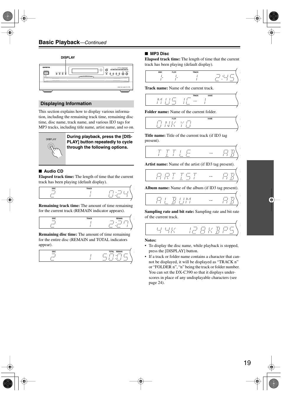 Basic playback, Continued, Displaying information | Onkyo DX-C390 User Manual | Page 19 / 28