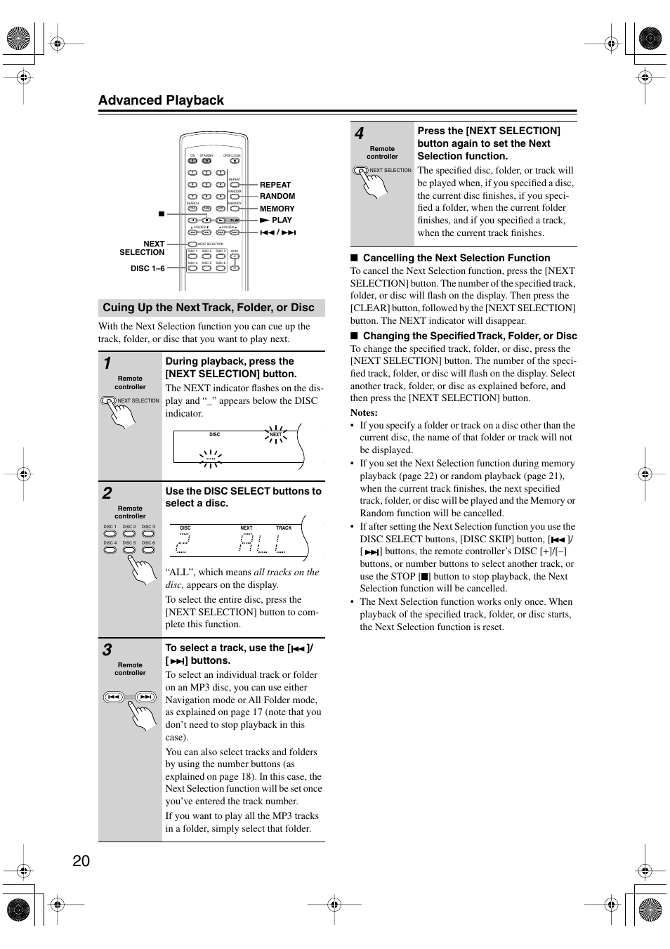 Advanced playback, Cuing up the next track, folder, or disc | Onkyo DX-C390 User Manual | Page 20 / 28