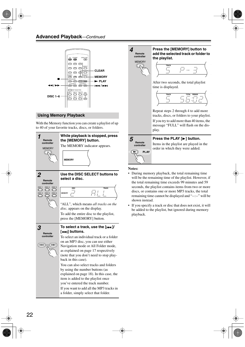 Advanced playback, Continued | Onkyo DX-C390 User Manual | Page 22 / 28