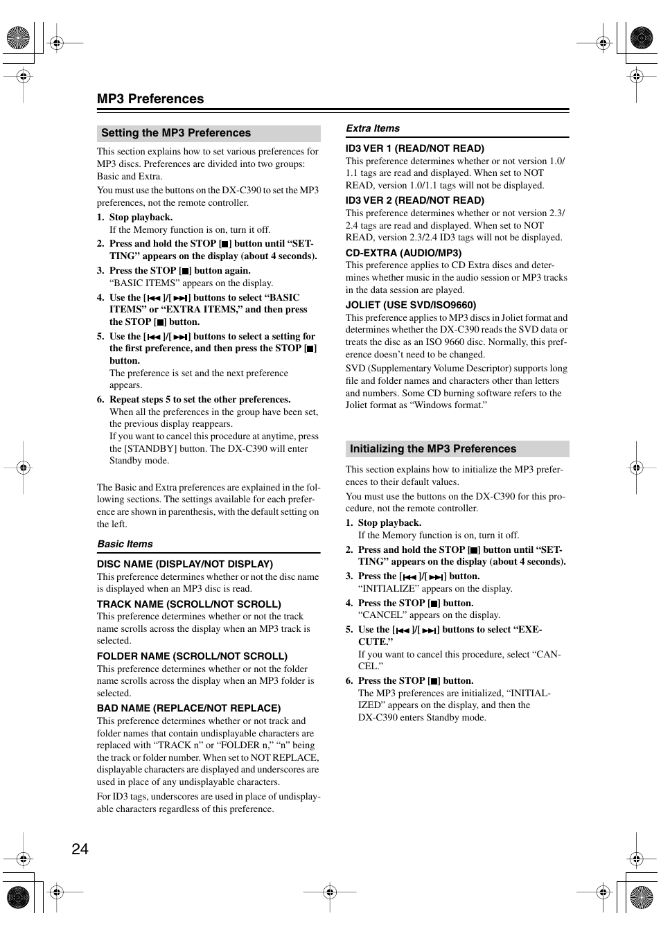 Mp3 preferences | Onkyo DX-C390 User Manual | Page 24 / 28