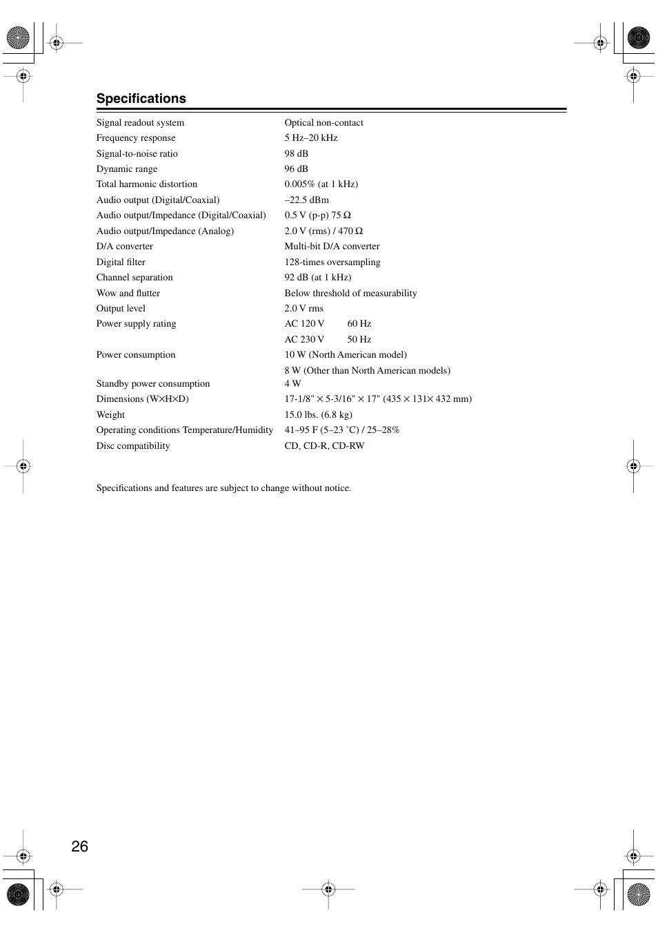 Specifications | Onkyo DX-C390 User Manual | Page 26 / 28