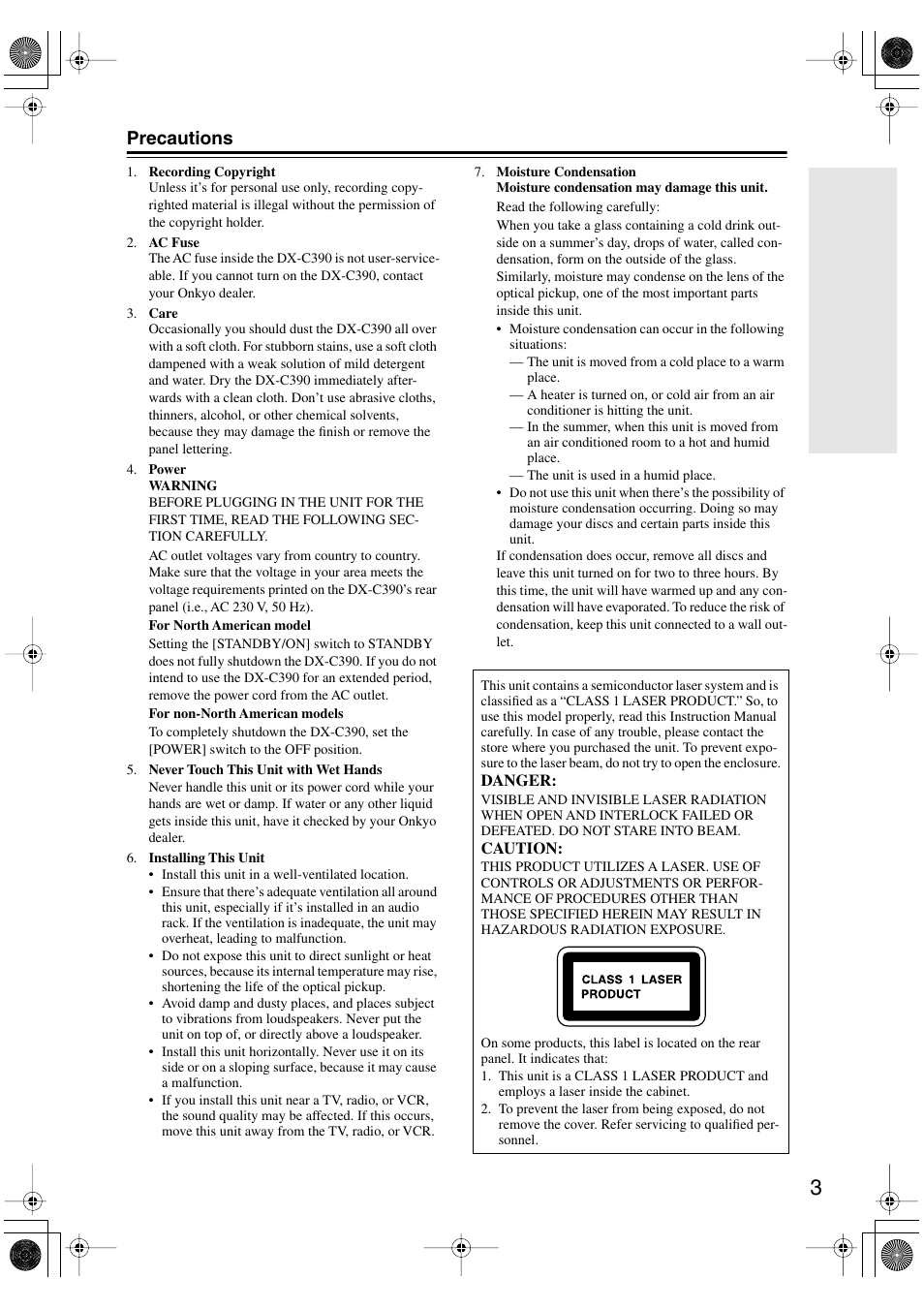 Precautions | Onkyo DX-C390 User Manual | Page 3 / 28