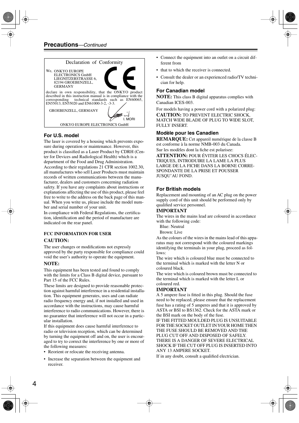 Precautions | Onkyo DX-C390 User Manual | Page 4 / 28