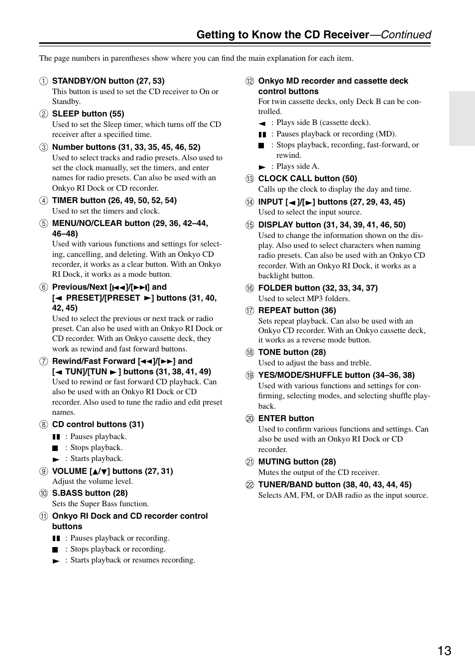 Getting to know the cd receiver —continued | Onkyo CR-315DAB User Manual | Page 13 / 60