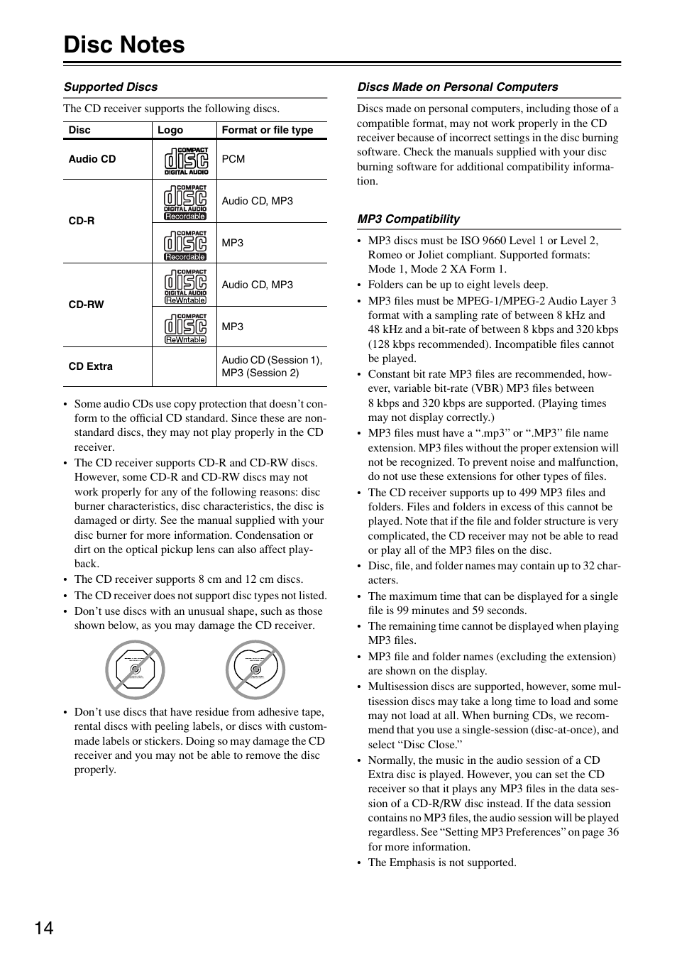 Disc notes | Onkyo CR-315DAB User Manual | Page 14 / 60