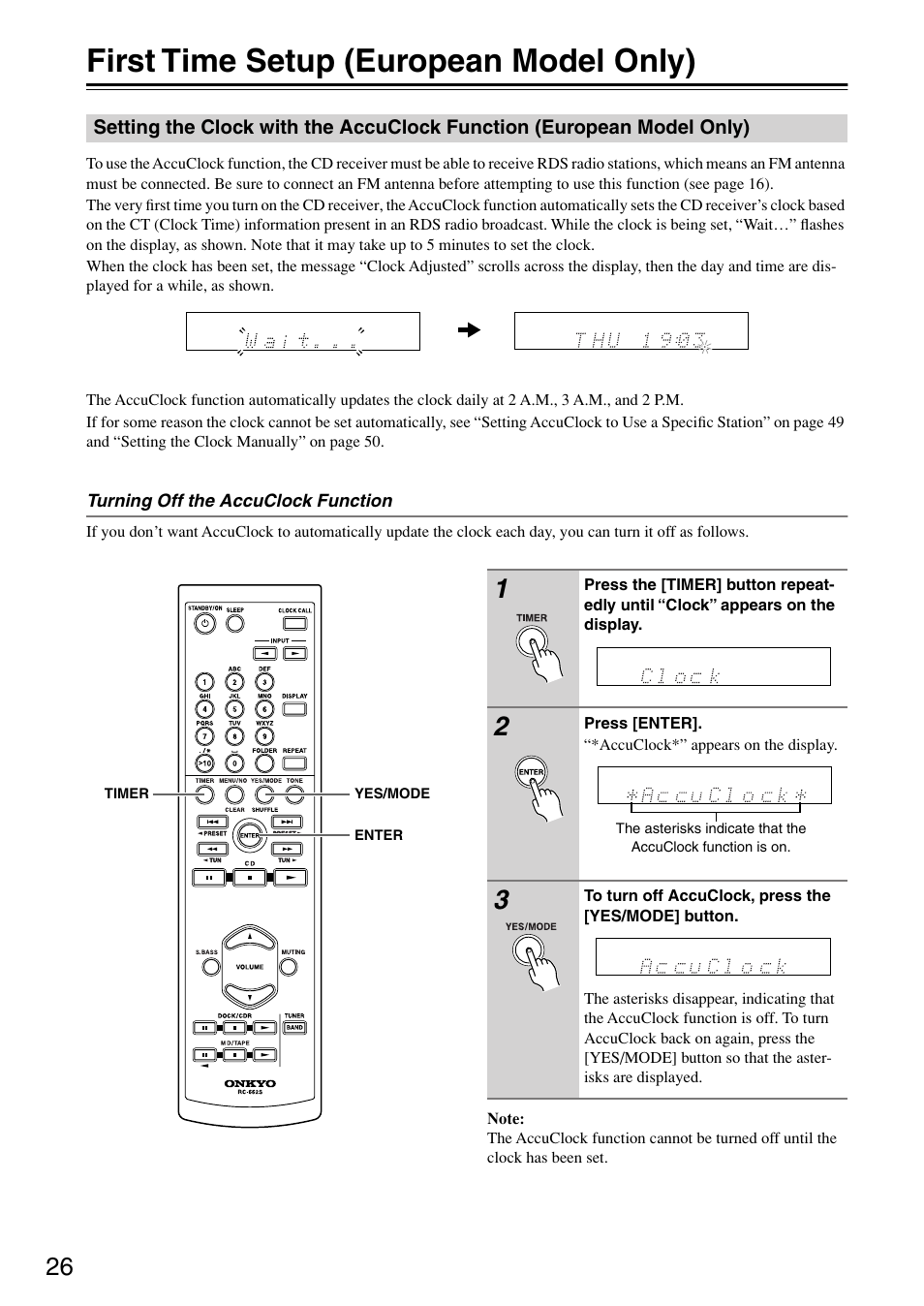 First time setup (european model only), Setting the clock with the accuclock function, European model only) | Utton (26 | Onkyo CR-315DAB User Manual | Page 26 / 60