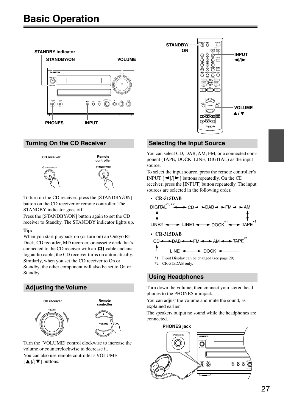Basic operation, Turning on the cd receiver, Adjusting the volume | Selecting the input source, Using headphones, Utton (27, Ol (27), K (27), Uttons (27, Turning on the cd receiver adjusting the volume | Onkyo CR-315DAB User Manual | Page 27 / 60