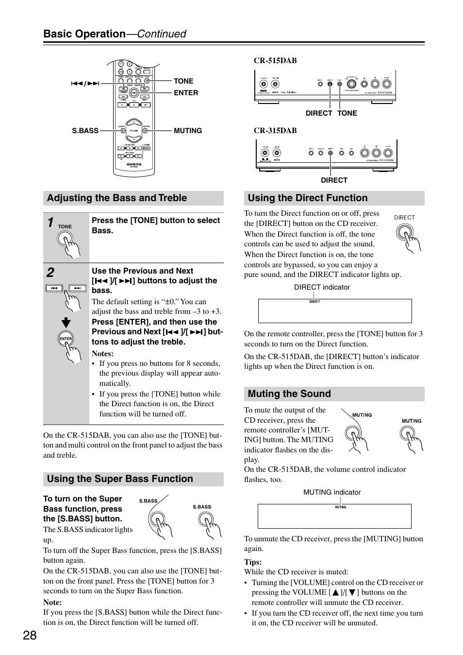 Adjusting the bass and treble, Using the super bass function, Using the direct function | Muting the sound, Using the direct function muting the sound, Utton (28), Ab) (28), Basic operation —continued | Onkyo CR-315DAB User Manual | Page 28 / 60