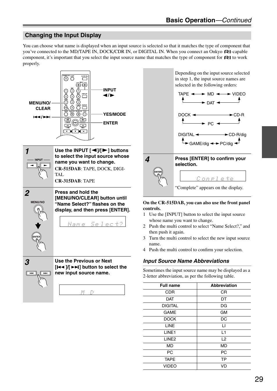 Changing the input display, Utton (29, Basic operation —continued | Onkyo CR-315DAB User Manual | Page 29 / 60