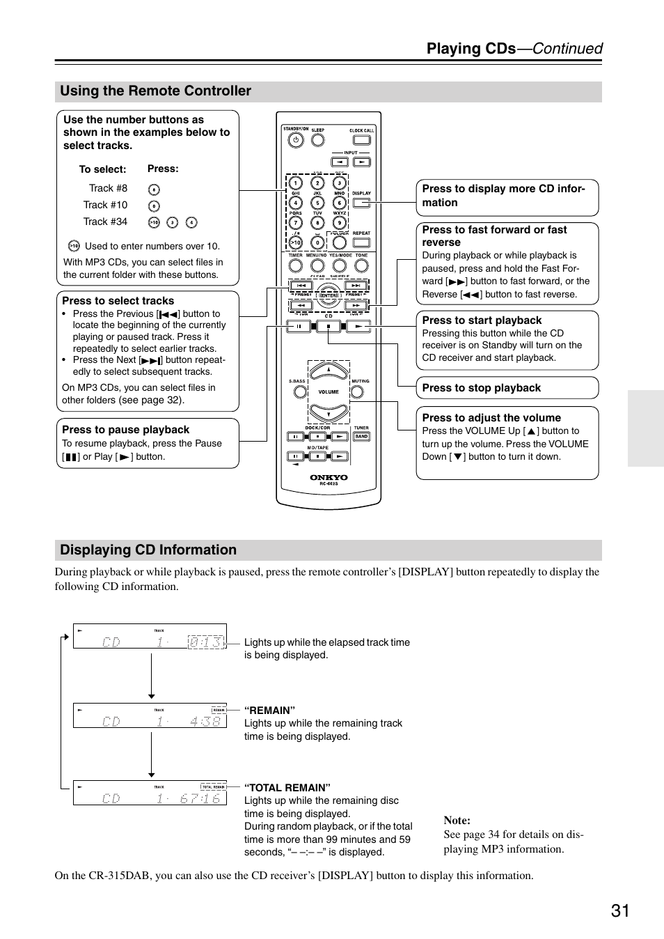 Using the remote controller, Displaying cd information, Ab) (31 | Uttons (31, Uttons (31), Utton (31, Playing cds —continued | Onkyo CR-315DAB User Manual | Page 31 / 60