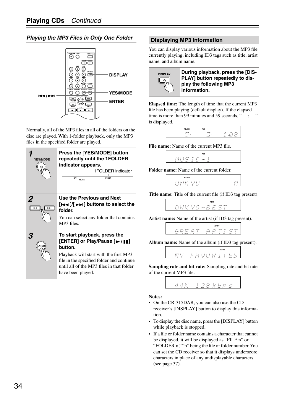 Displaying mp3 information, Utton (34–36, Playing cds —continued | Onkyo CR-315DAB User Manual | Page 34 / 60
