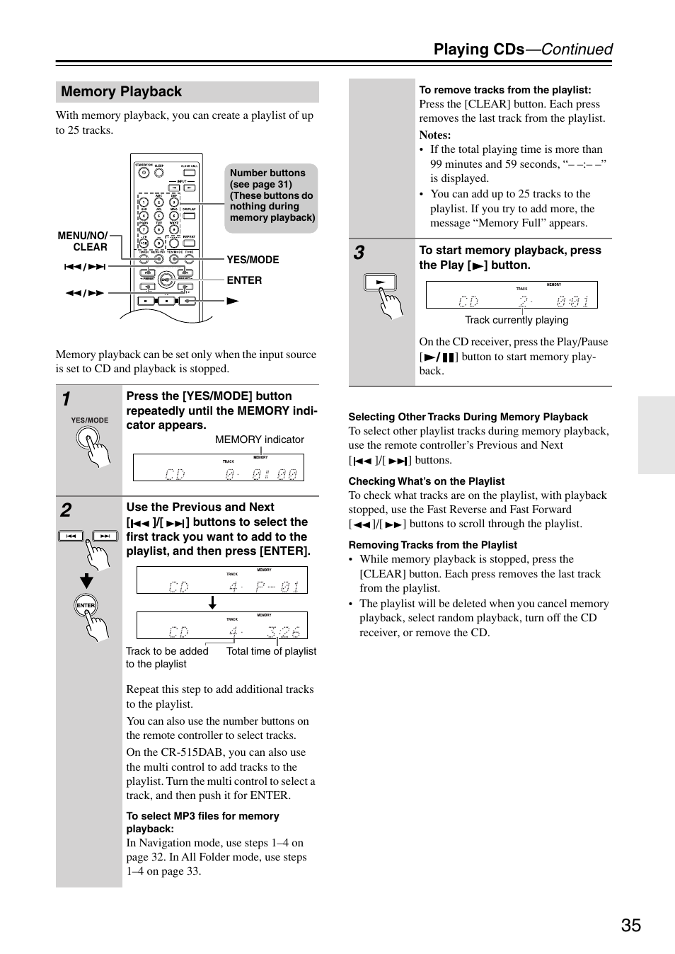 Memory playback, Playing cds —continued | Onkyo CR-315DAB User Manual | Page 35 / 60
