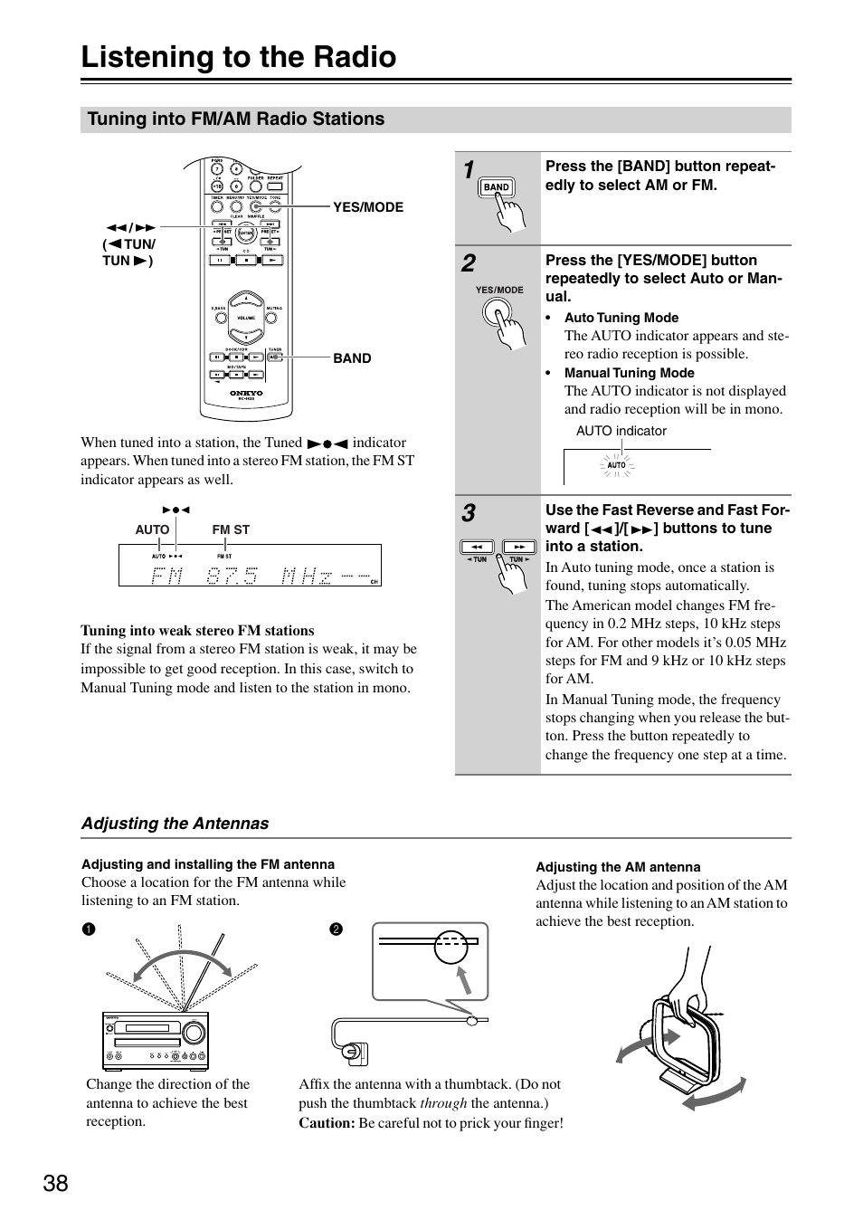 Listening to the radio, Tuning into fm/am radio stations, Utton (38 | Onkyo CR-315DAB User Manual | Page 38 / 60