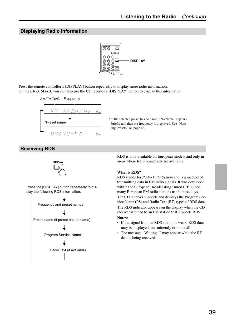 Displaying radio information, Receiving rds, Displaying radio information receiving rds | Listening to the radio —continued | Onkyo CR-315DAB User Manual | Page 39 / 60