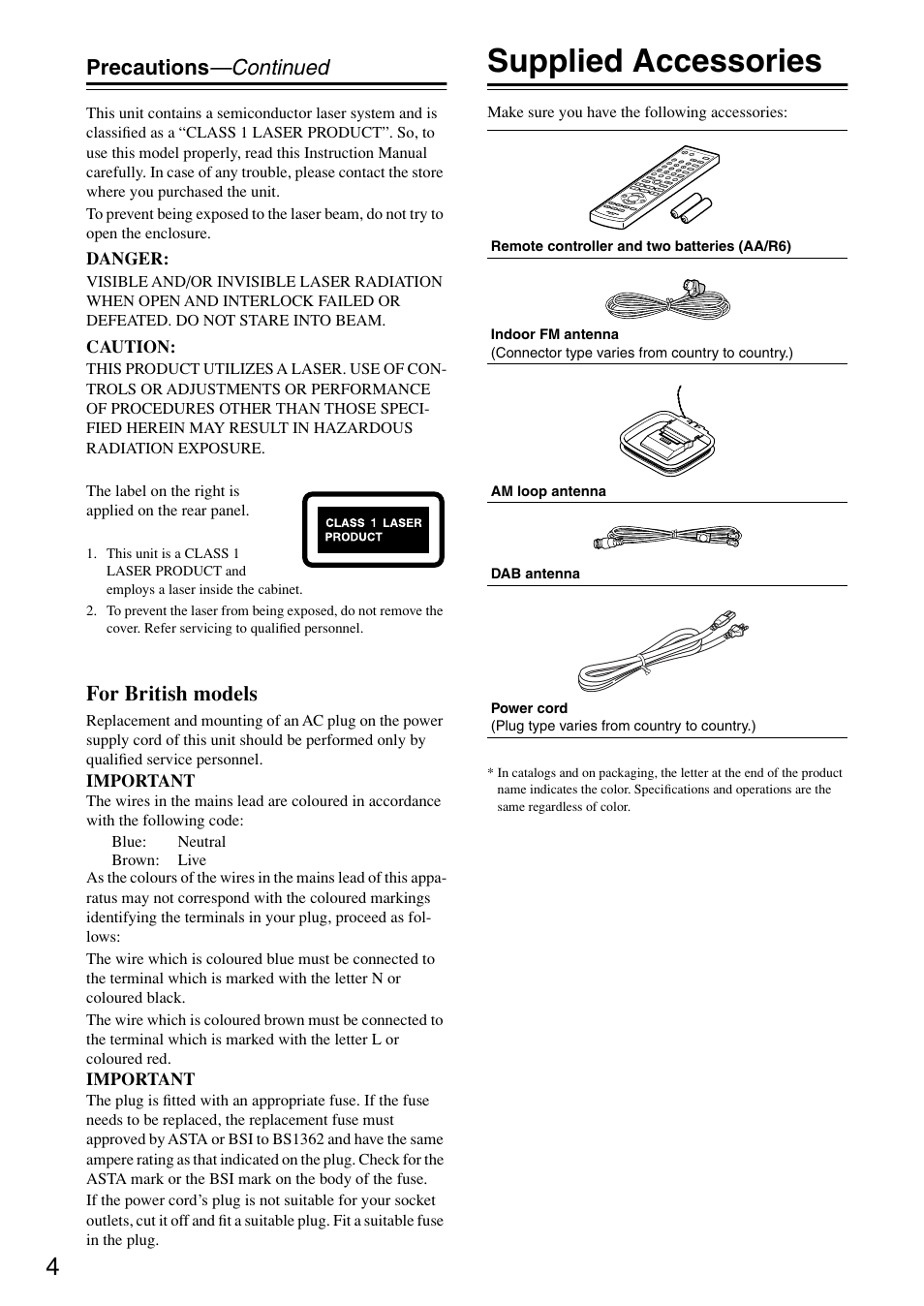 Supplied accessories, Precautions —continued, For british models | Onkyo CR-315DAB User Manual | Page 4 / 60