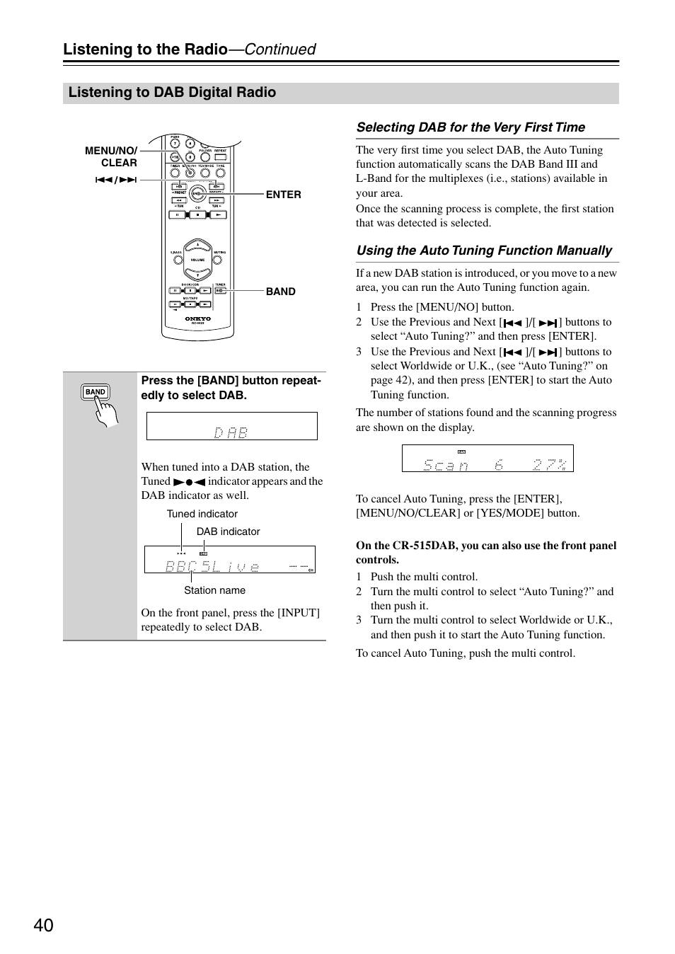 Listening to dab digital radio, Listening to the radio —continued | Onkyo CR-315DAB User Manual | Page 40 / 60