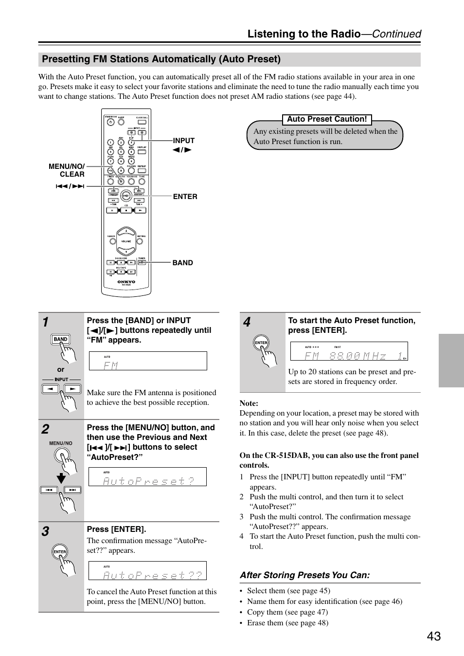 Presetting fm stations automatically (auto preset), Presetting fm stations automatically, Auto preset) | Listening to the radio —continued | Onkyo CR-315DAB User Manual | Page 43 / 60