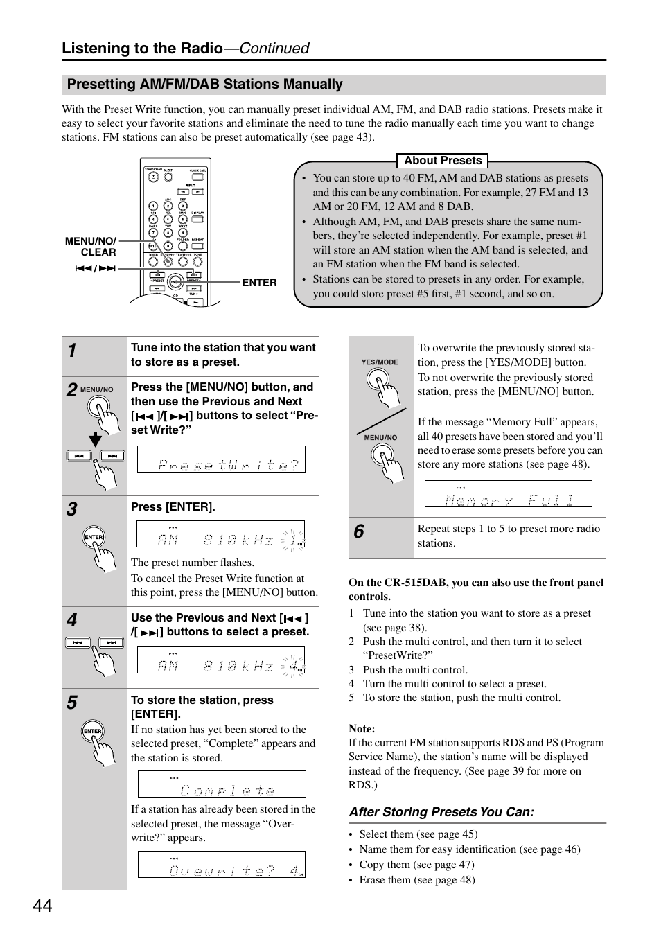 Presetting am/fm/dab stations manually, Listening to the radio —continued | Onkyo CR-315DAB User Manual | Page 44 / 60