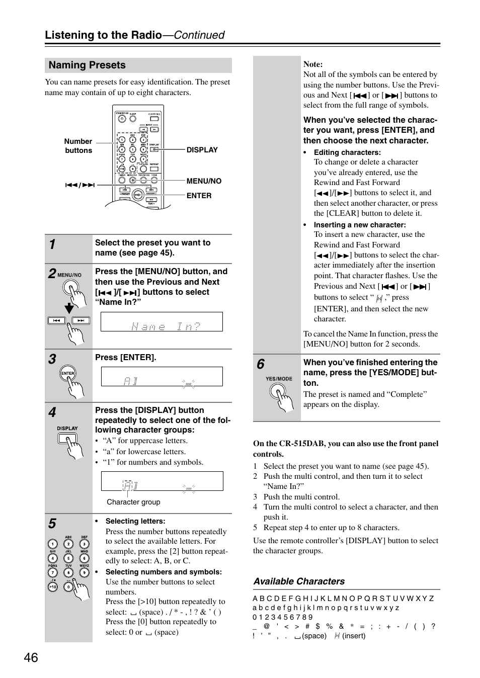 Naming presets, Listening to the radio —continued | Onkyo CR-315DAB User Manual | Page 46 / 60