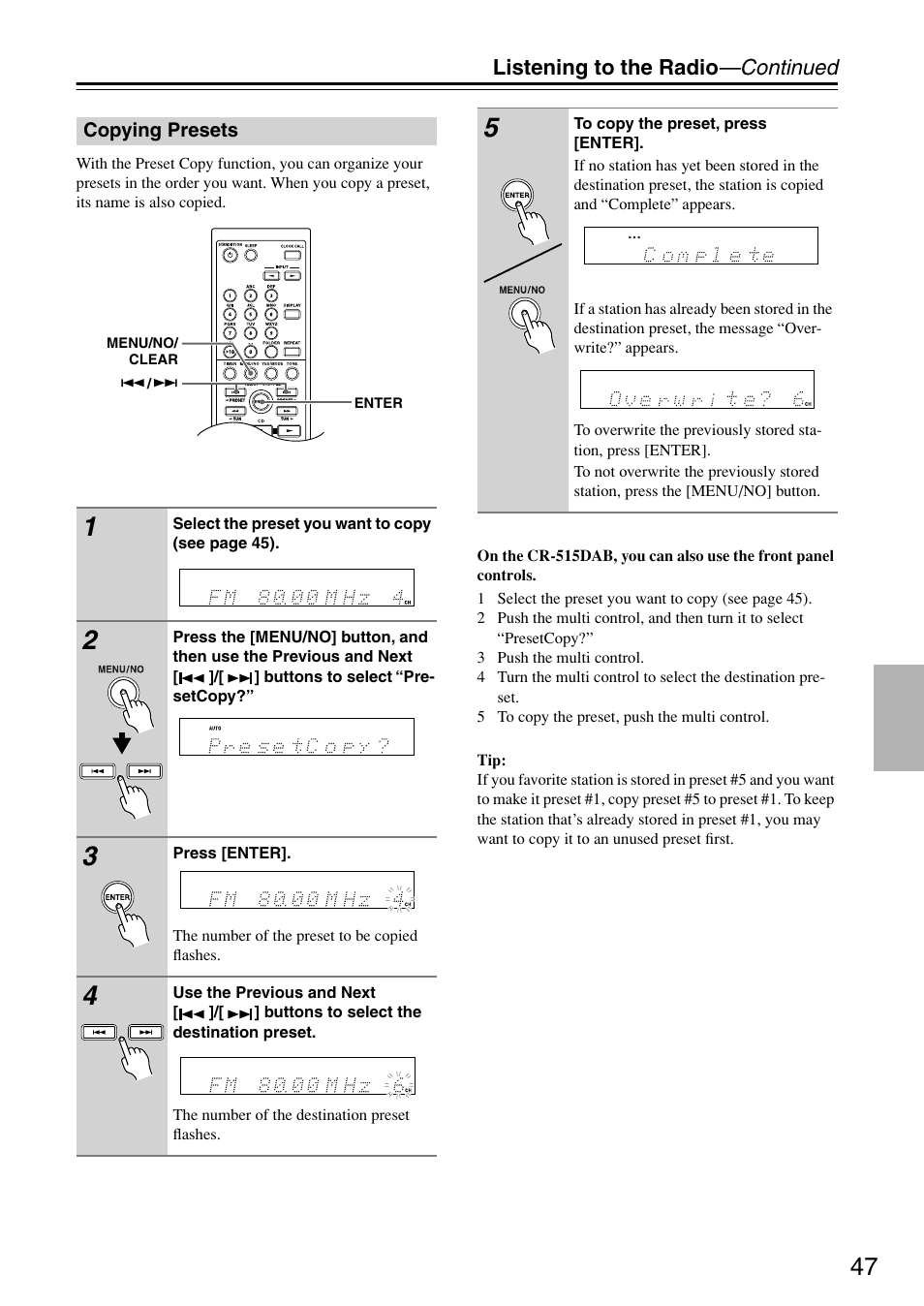 Copying presets, Listening to the radio —continued | Onkyo CR-315DAB User Manual | Page 47 / 60