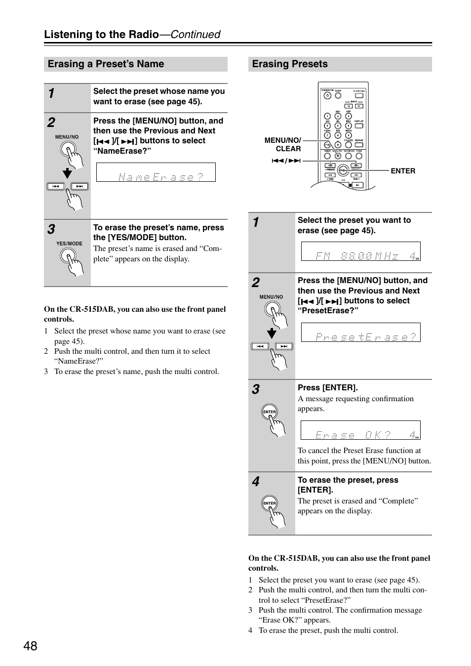 Erasing a preset’s name, Erasing presets, Erasing a preset’s name erasing presets | Listening to the radio —continued | Onkyo CR-315DAB User Manual | Page 48 / 60
