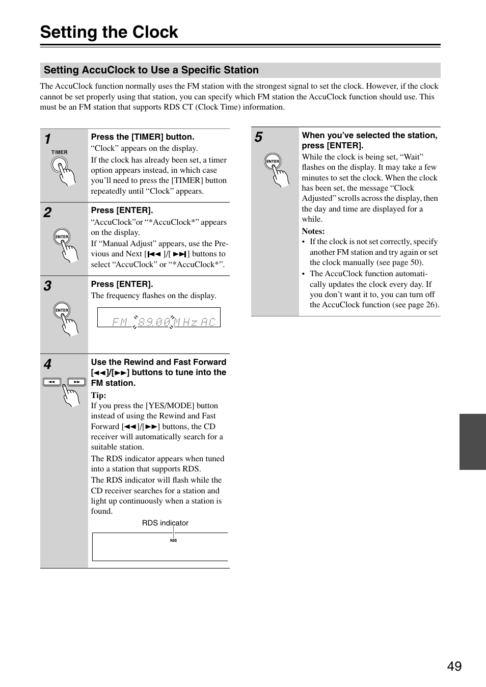Setting the clock, Setting accuclock to use a specific station, Clock and timer | Setting accuclock to use a specific, Station | Onkyo CR-315DAB User Manual | Page 49 / 60