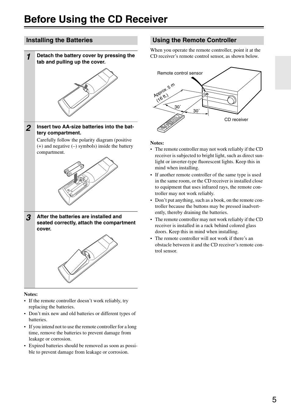 Before using the cd receiver, Installing the batteries, Using the remote controller | Onkyo CR-315DAB User Manual | Page 5 / 60