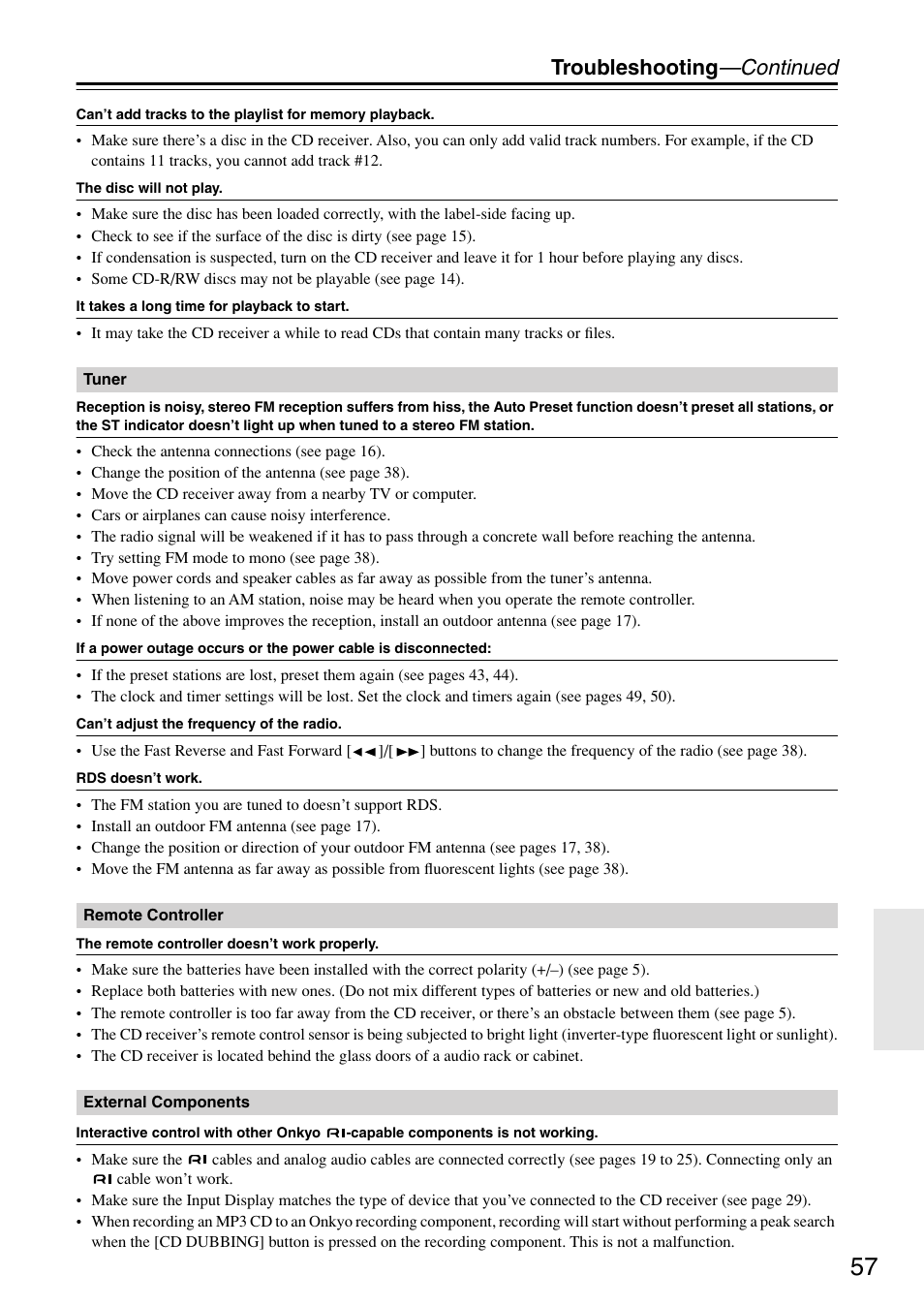 Troubleshooting —continued | Onkyo CR-315DAB User Manual | Page 57 / 60