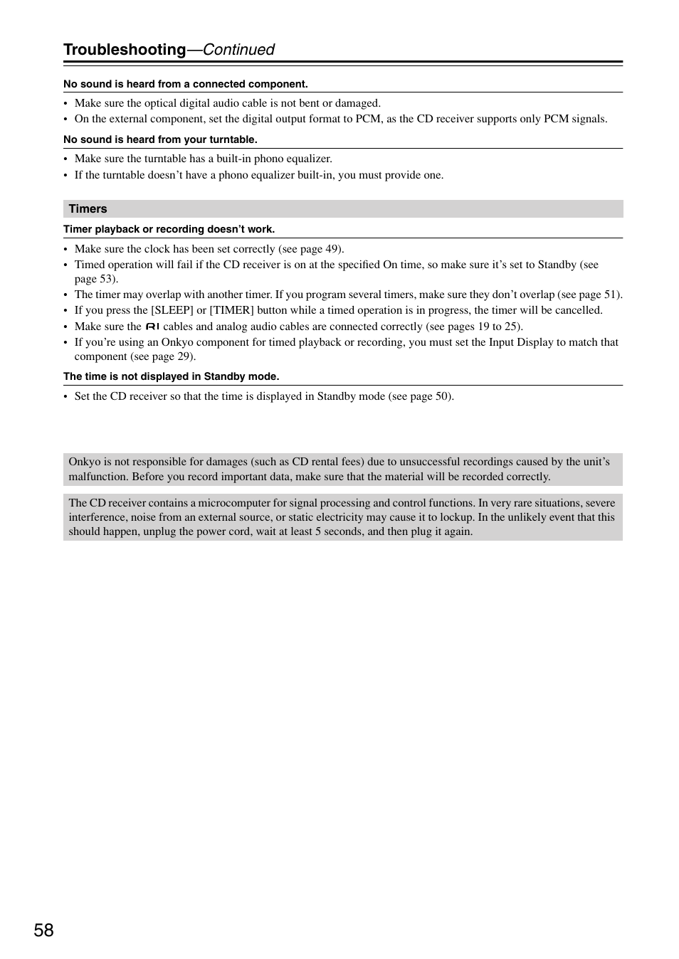 Troubleshooting —continued | Onkyo CR-315DAB User Manual | Page 58 / 60