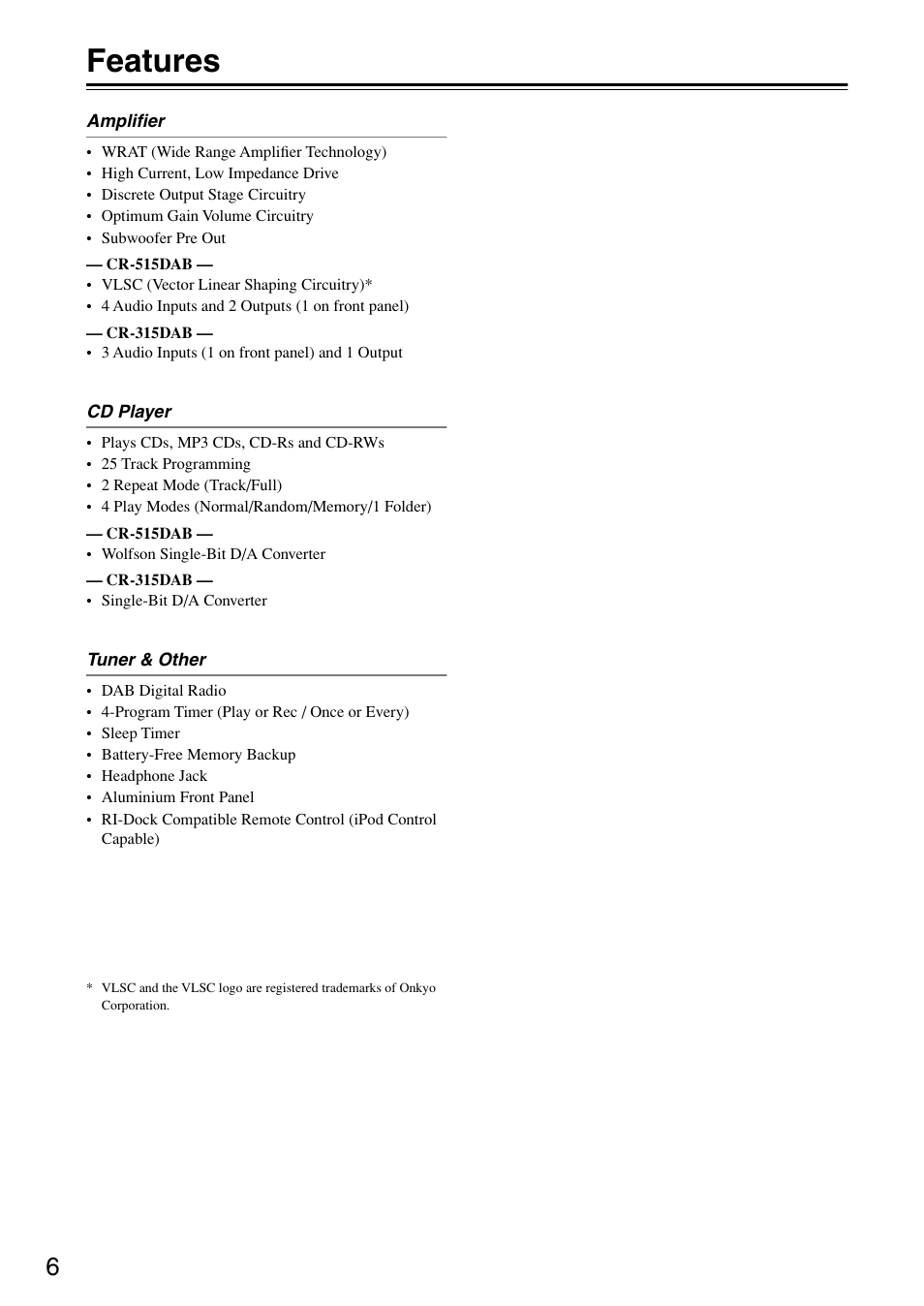 Features | Onkyo CR-315DAB User Manual | Page 6 / 60