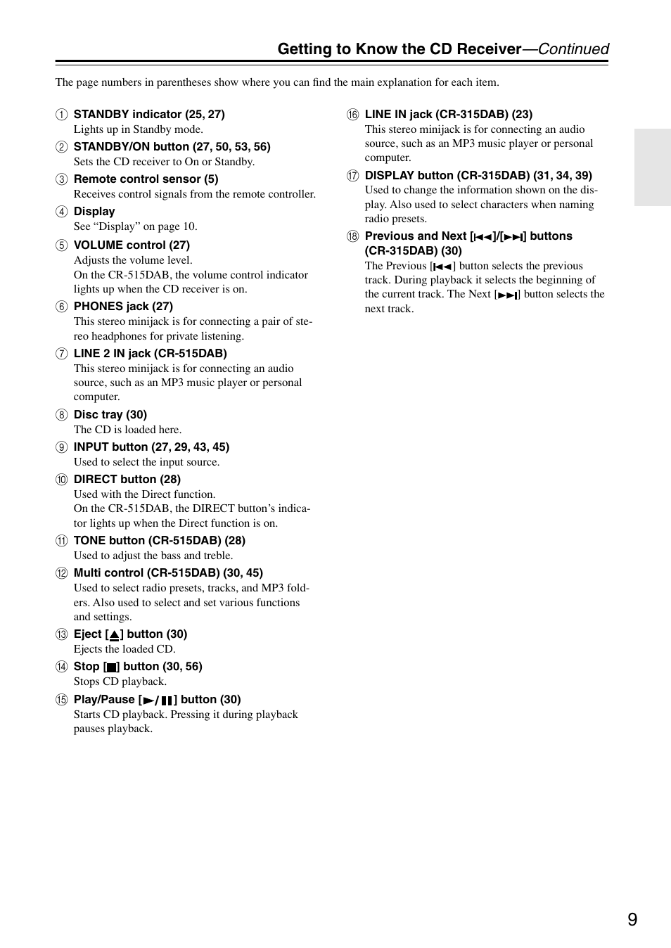 Getting to know the cd receiver —continued | Onkyo CR-315DAB User Manual | Page 9 / 60
