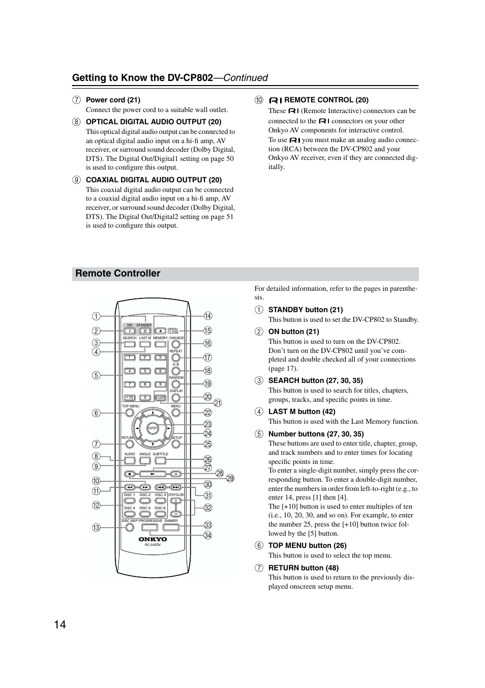 Remote, Getting to know the dv-cp802 —continued, Remote controller | Onkyo DV-CP802 User Manual | Page 14 / 69