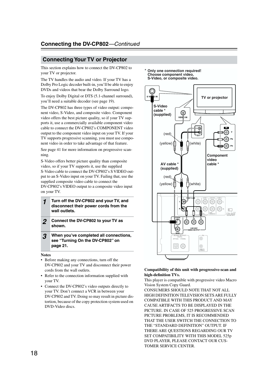 Connecting the dv-cp802 —continued, Connecting your tv or projector | Onkyo DV-CP802 User Manual | Page 18 / 69
